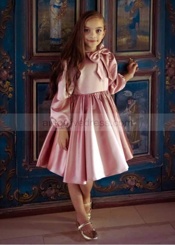 Long Sleeves Pink Satin Short Flower Girl Dress